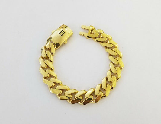 10K Yellow Gold Monaco Bracelet 9 inch 15mm Cuban link Men's Real 10kt - Reva Jeweler