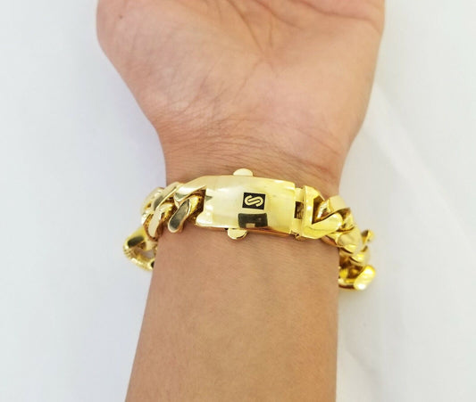 10K Yellow Gold Monaco Bracelet 9 inch 15mm Cuban link Men's Real 10kt - Reva Jeweler