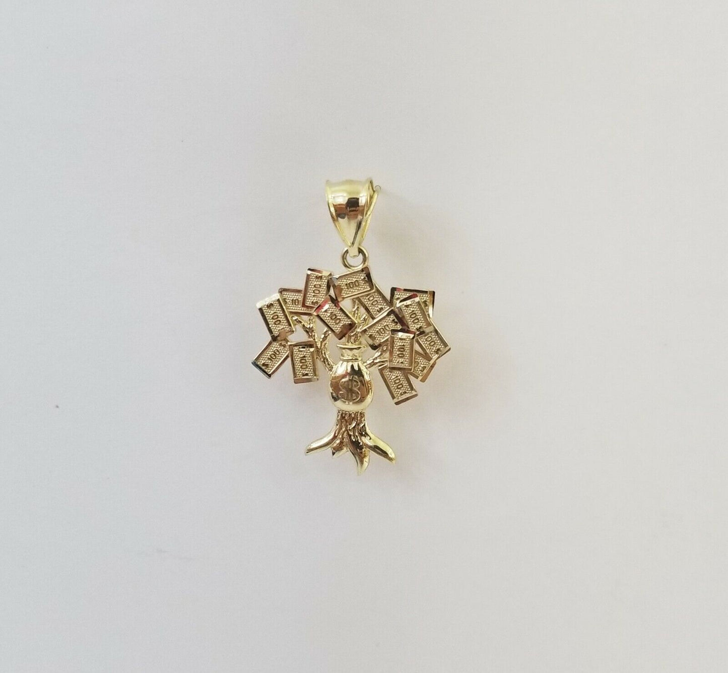 10K Yellow Gold Money Tree Pendant Diamond Cut, 10KT Real Gold $100 Sign Bag - Reva Jeweler