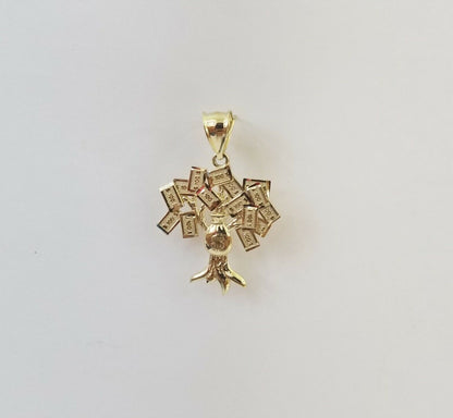 10K Yellow Gold Money Tree Pendant Diamond Cut, 10KT Real Gold $100 Sign Bag - Reva Jeweler