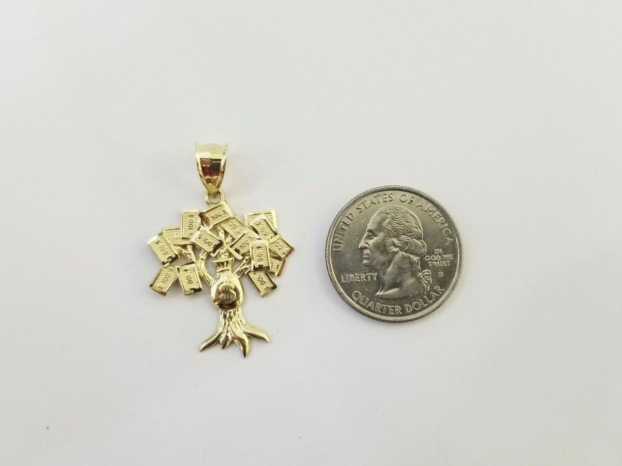 10K Yellow Gold Money Tree Pendant Diamond Cut, 10KT Real Gold $100 Sign Bag - Reva Jeweler