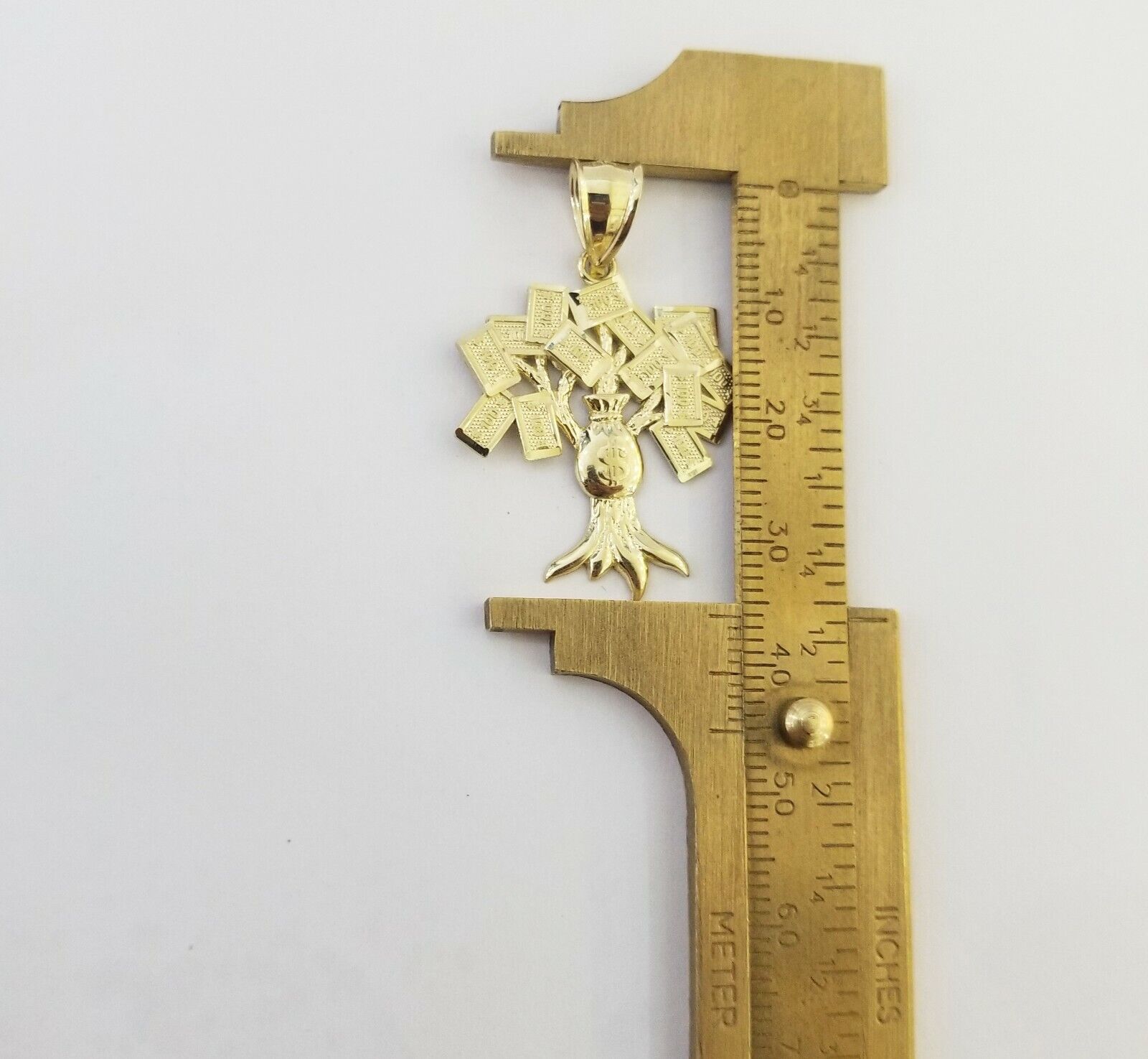 10K Yellow Gold Money Tree Pendant Diamond Cut, 10KT Real Gold $100 Sign Bag - Reva Jeweler