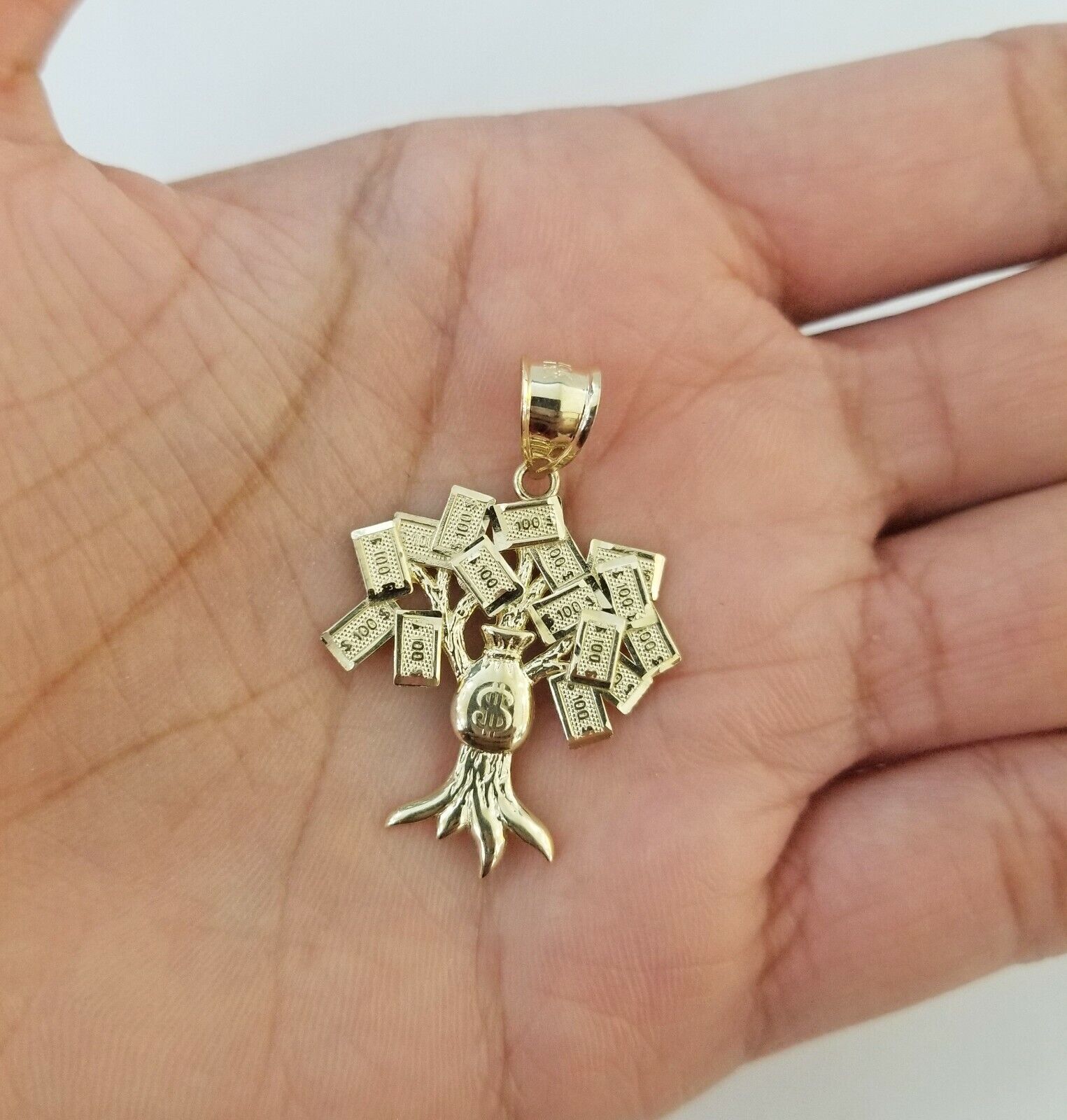 10K Yellow Gold Money Tree Pendant Diamond Cut, 10KT Real Gold $100 Sign Bag - Reva Jeweler