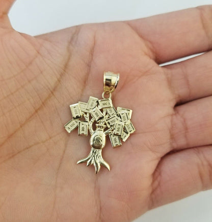 10K Yellow Gold Money Tree Pendant Diamond Cut, 10KT Real Gold $100 Sign Bag - Reva Jeweler