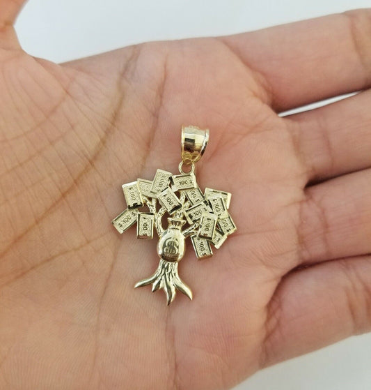 10K Yellow Gold Money Tree Pendant Diamond Cut, 10KT Real Gold $100 Sign Bag - Reva Jeweler