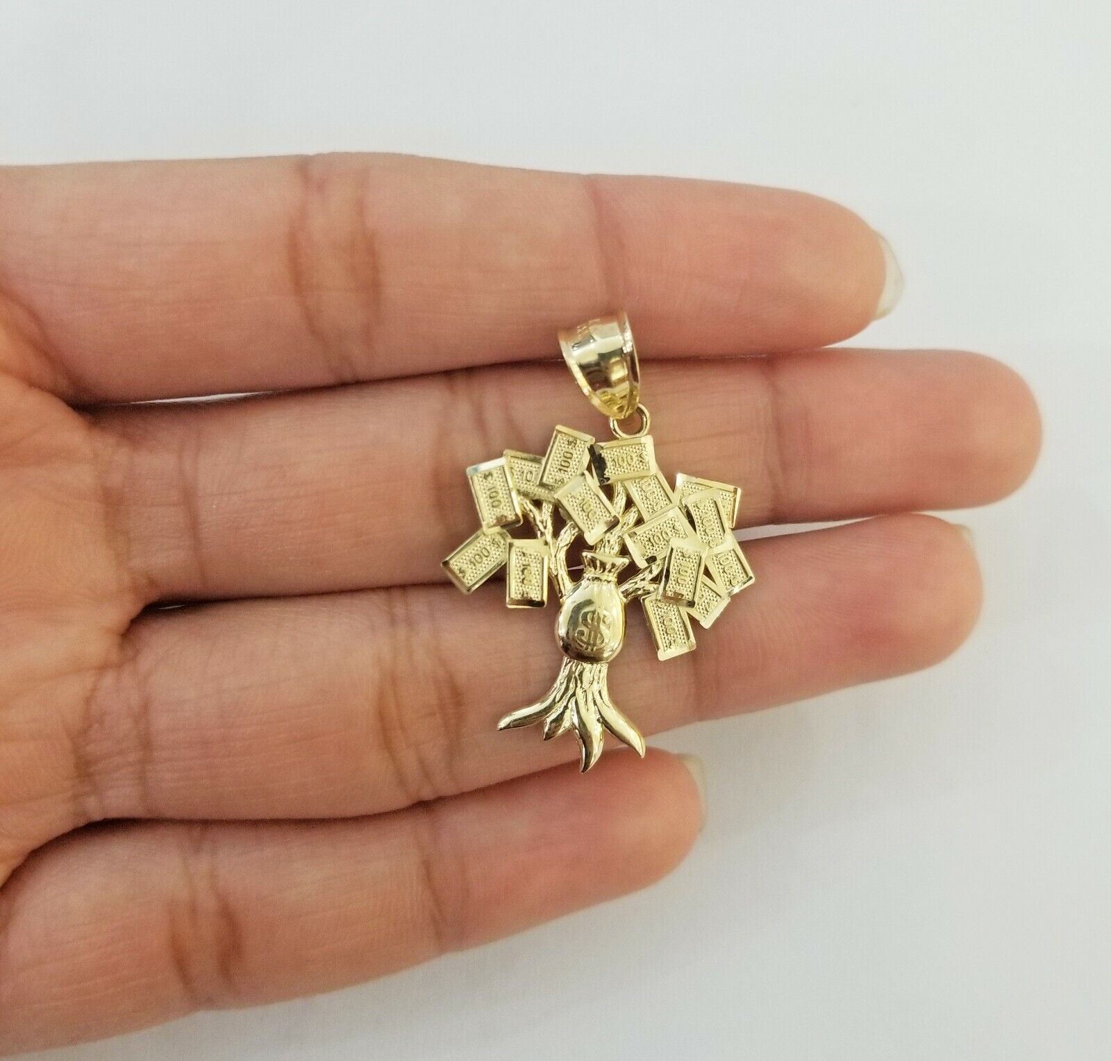 10K Yellow Gold Money Tree Pendant Diamond Cut, 10KT Real Gold $100 Sign Bag - Reva Jeweler