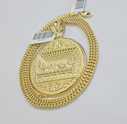 10k Yellow Gold Necklace 22" Franco Chain & Last Supper Charm Pendant SET REAL - Reva Jeweler