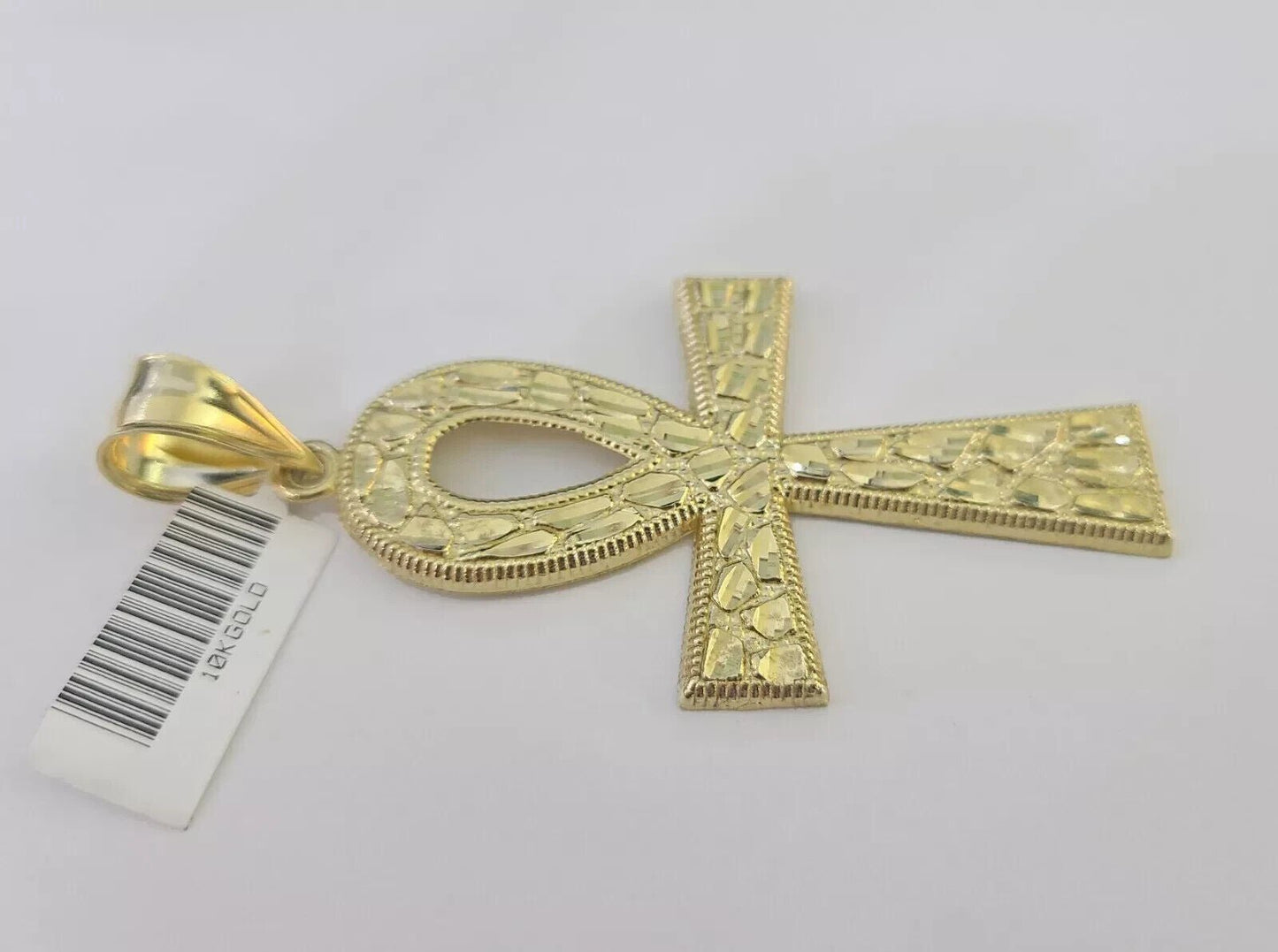 10k Yellow Gold Nugget Ankh Charm Pendant 2.75 Inch For Men's REAL 10KT Gold - Reva Jeweler