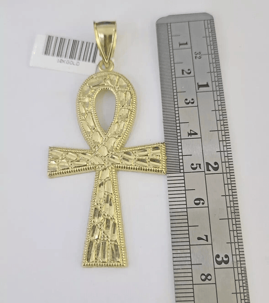 10k Yellow Gold Nugget Ankh Charm Pendant 2.75 Inch For Men's REAL 10KT Gold - Reva Jeweler