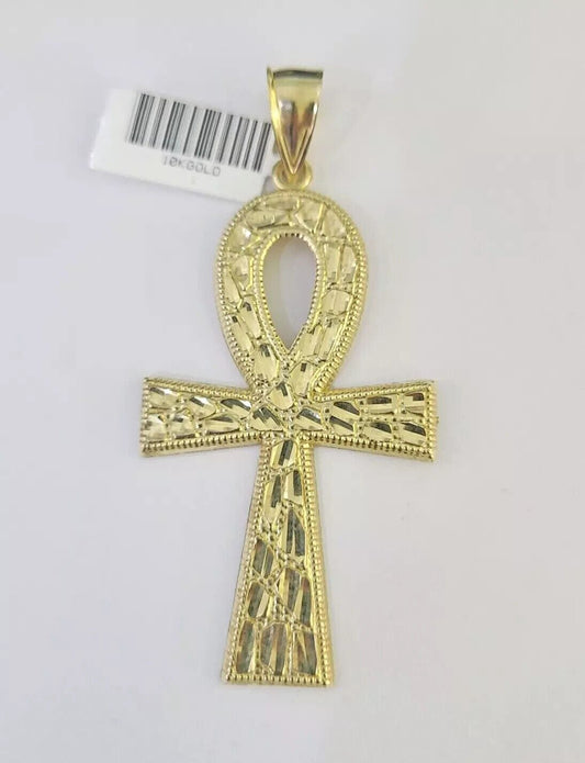 10k Yellow Gold Nugget Ankh Charm Pendant 2.75 Inch For Men's REAL 10KT Gold - Reva Jeweler