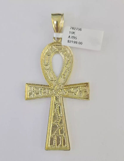 10k Yellow Gold Nugget Ankh Charm Pendant 2.75 Inch For Men's REAL 10KT Gold - Reva Jeweler