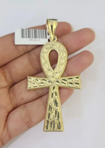 10k Yellow Gold Nugget Ankh Charm Pendant 2.75 Inch For Men's REAL 10KT Gold - Reva Jeweler