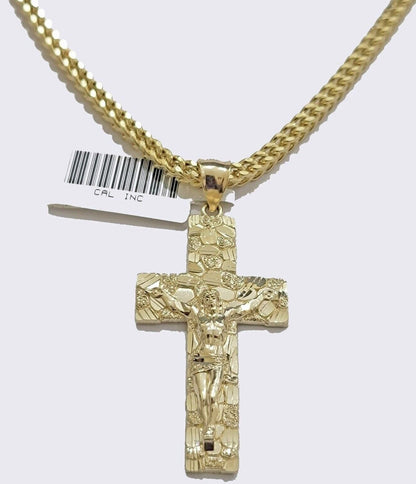 10k Yellow Gold Nugget Charm & Franco Chain Necklace 3mm 24" Inch Real 10KT SET - Reva Jeweler