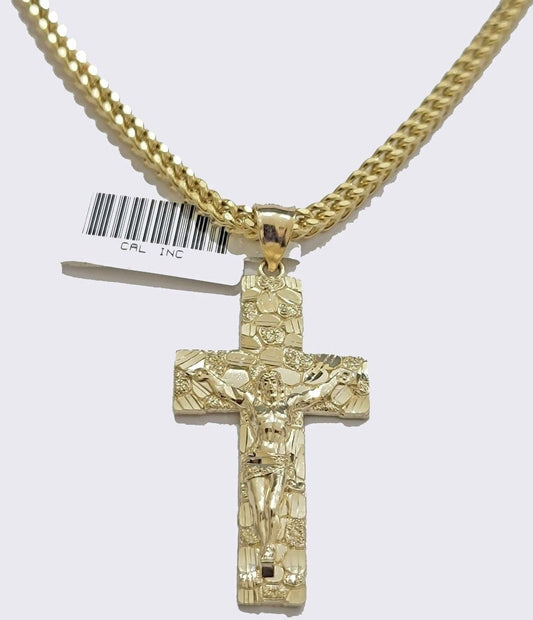 10k Yellow Gold Nugget Charm & Franco Chain Necklace 3mm 24" Inch Real 10KT SET - Reva Jeweler