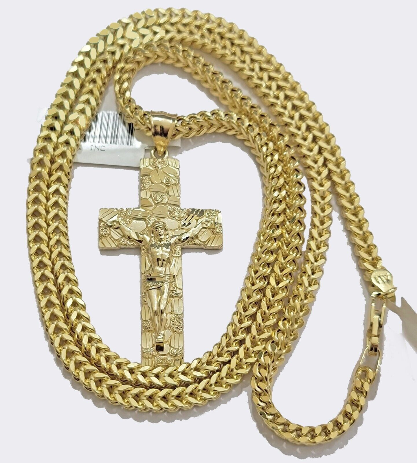 10k Yellow Gold Nugget Charm & Franco Chain Necklace 3mm 24" Inch Real 10KT SET - Reva Jeweler