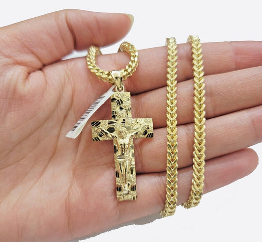 10k Yellow Gold Nugget Charm Pendant And Franco Chain Necklace 3mm 18" - 26" - Reva Jeweler