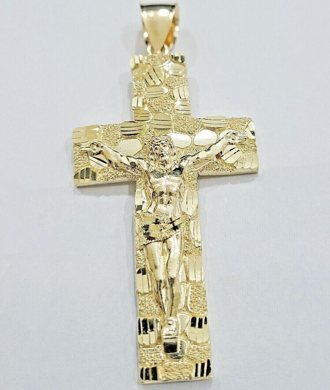 10k Yellow Gold Nugget Jesus Cross Charm Pendant 2'' inches Real 10kt SALE Chain - Reva Jeweler