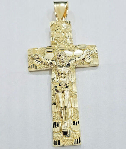 10k Yellow Gold Nugget Jesus Cross Charm Pendant 2'' inches Real 10kt SALE Chain - Reva Jeweler
