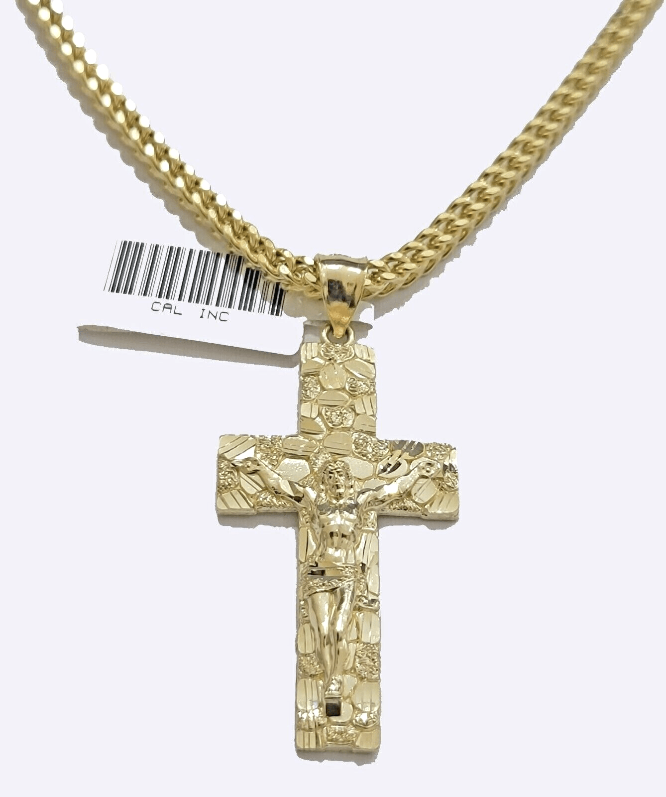 10k Yellow Gold Nugget Jesus Cross Charm Pendant 2'' inches Real 10kt SALE Chain - Reva Jeweler