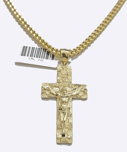 10k Yellow Gold Nugget Jesus Cross Charm Pendant 2'' inches Real 10kt SALE Chain - Reva Jeweler