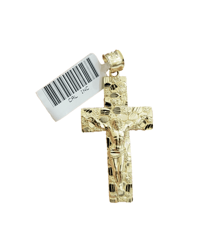 10k Yellow Gold Nugget Jesus Cross Charm Pendant 2'' inches Real 10kt SALE Chain - Reva Jeweler