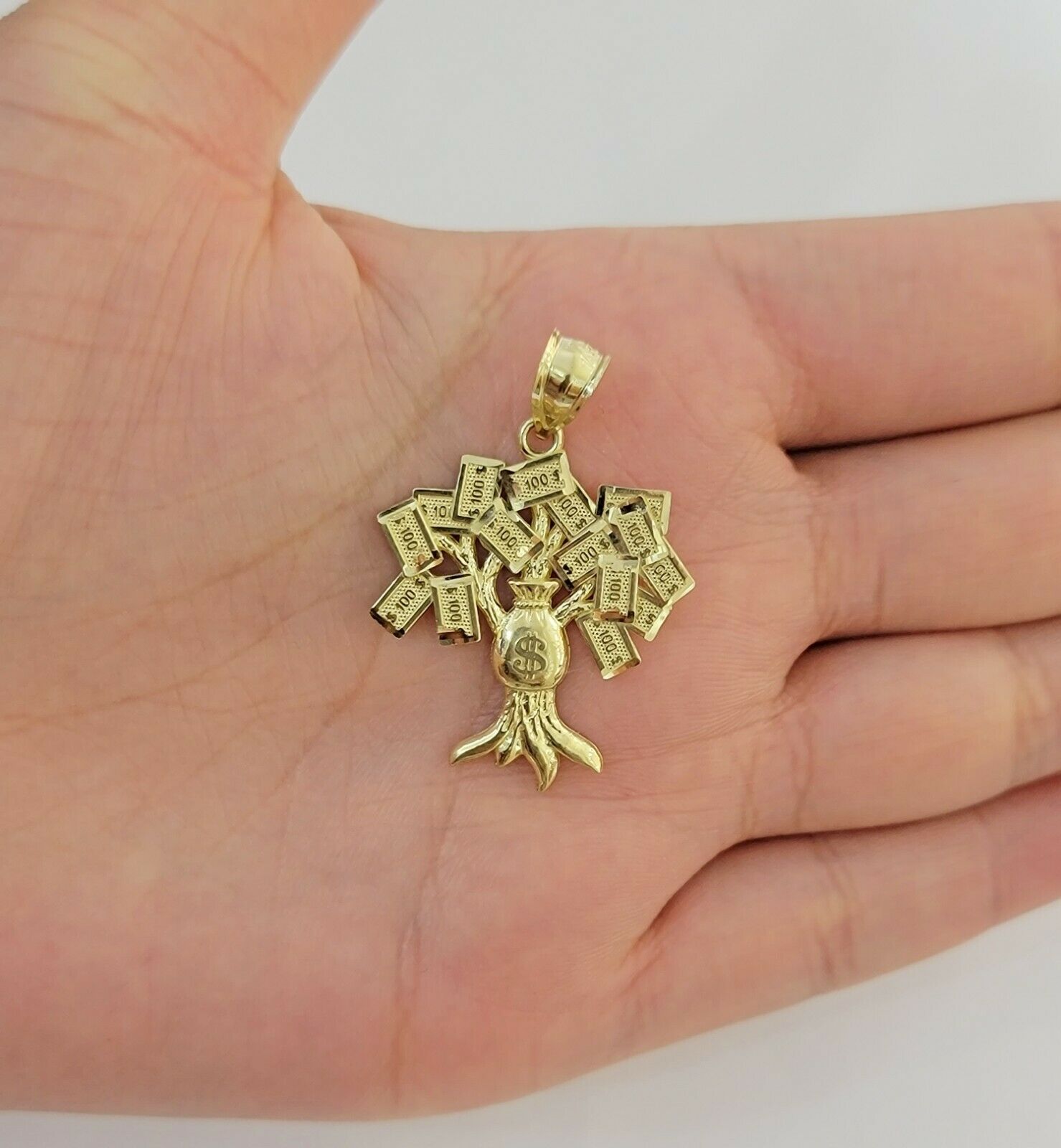 10k Yellow Gold Pendant & 10kt Rope Necklace 22", Money Tree Charm 10kt ,UNIQUE - Reva Jeweler