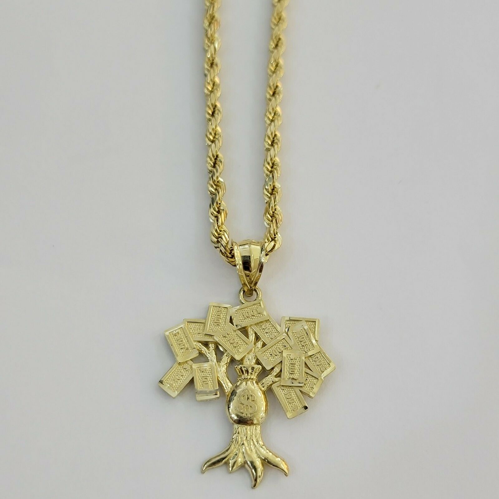 10k Yellow Gold Pendant & 10kt Rope Necklace 22", Money Tree Charm 10kt ,UNIQUE - Reva Jeweler