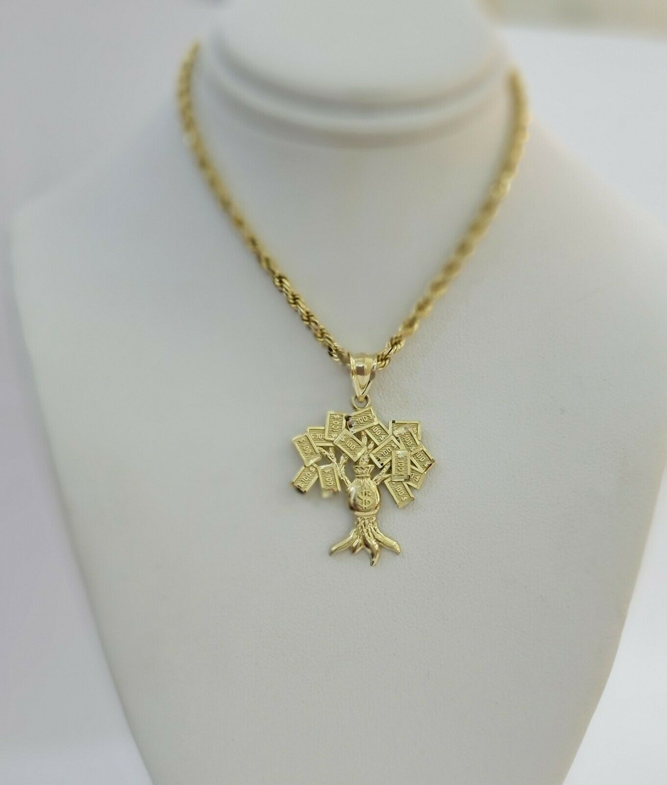 10k Yellow Gold Pendant & 10kt Rope Necklace 22", Money Tree Charm 10kt ,UNIQUE - Reva Jeweler
