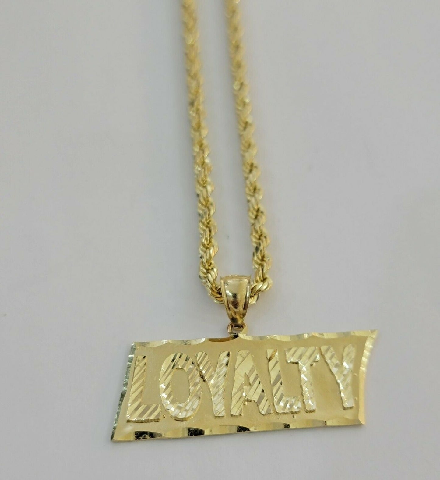 10k Yellow Gold Pendant & 10kt Rope Necklace 22"Chain LOYALITY Charm UNIQUE,10kt - Reva Jeweler