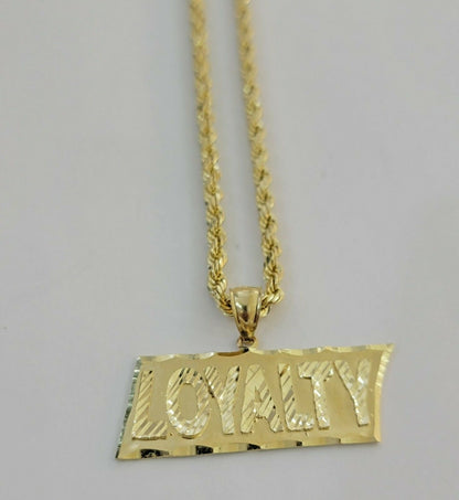 10k Yellow Gold Pendant & 10kt Rope Necklace 22"Chain LOYALITY Charm UNIQUE,10kt - Reva Jeweler
