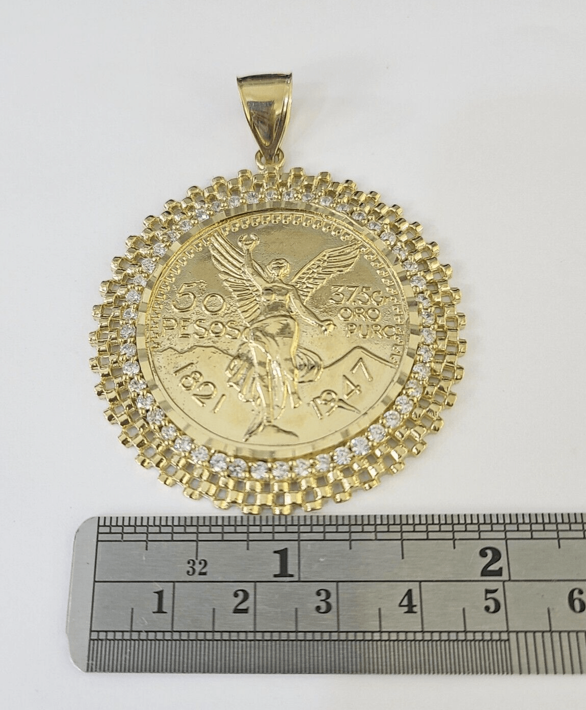 10k Yellow Gold Pendant Centenario - style Coin Charm 50 Pesos 1947 Mexican 2.5" - GoldenlinQ