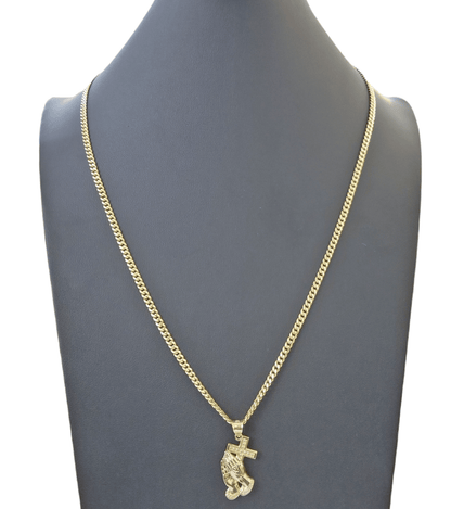 10K Yellow Gold Praying Hand Cross Pendant Charm 4mm Cuban Link Chain 26" Inch - Reva Jeweler