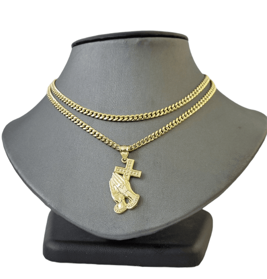 10K Yellow Gold Praying Hand Cross Pendant Charm 4mm Cuban Link Chain 26" Inch - Reva Jeweler