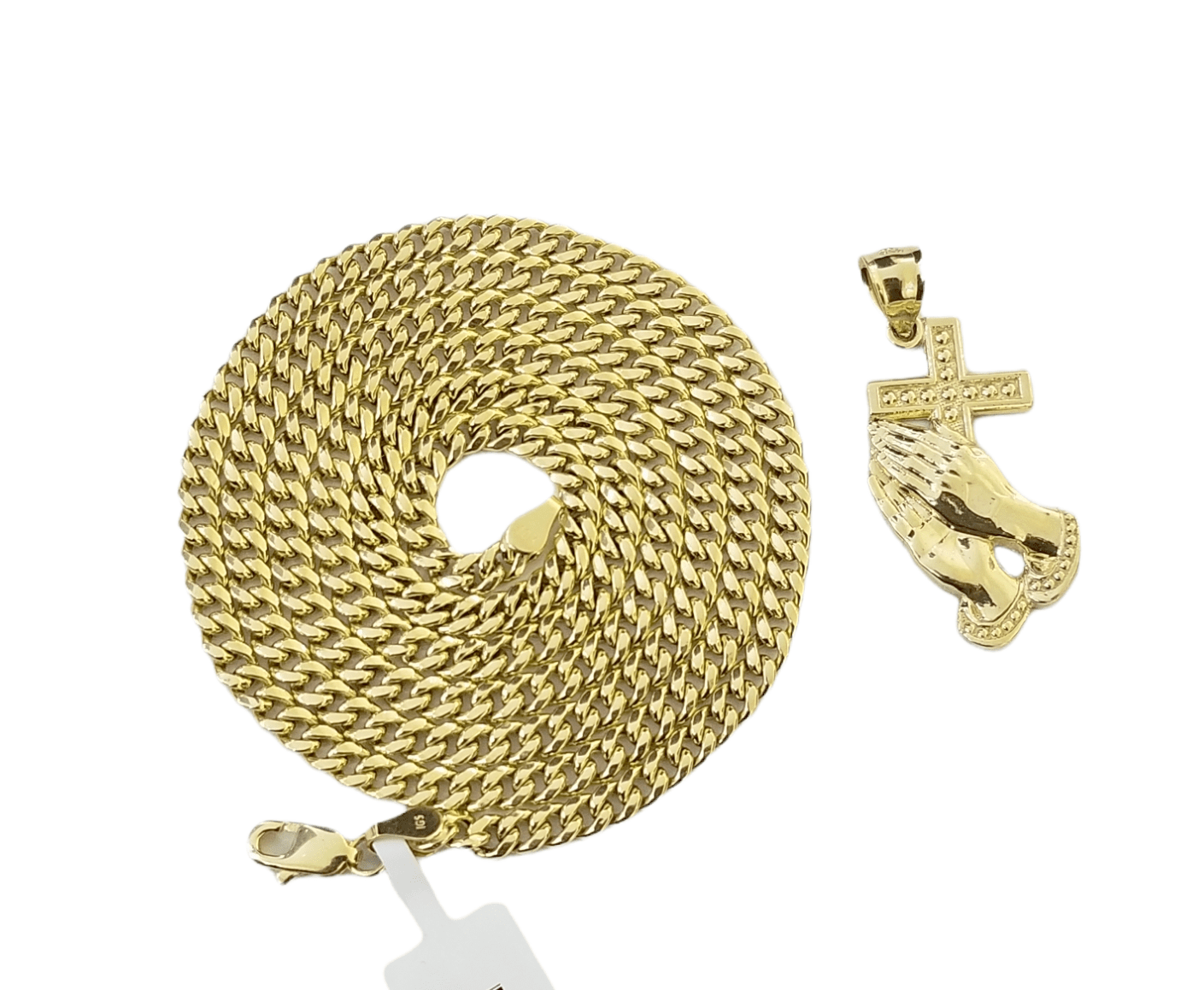 10K Yellow Gold Praying Hand Cross Pendant Charm 4mm Cuban Link Chain 26" Inch - Reva Jeweler