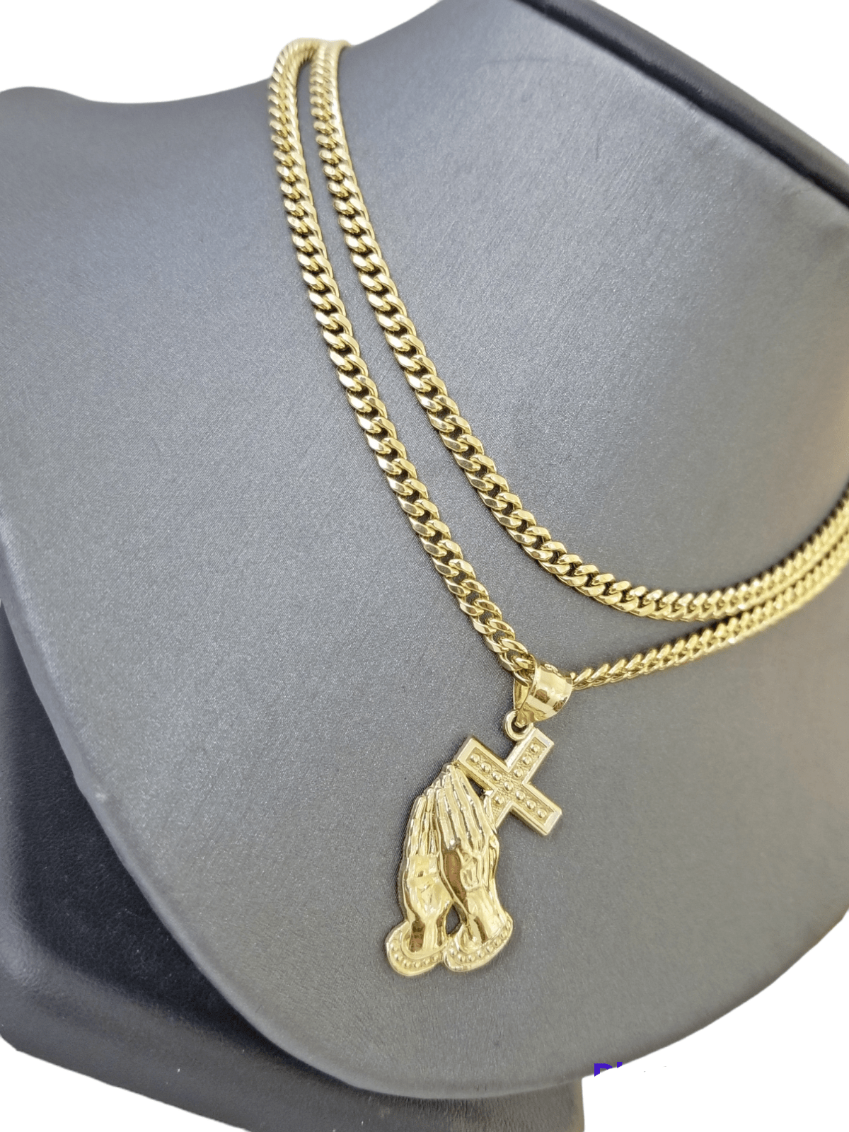 10K Yellow Gold Praying Hand Cross Pendant Charm 4mm Cuban Link Chain 26" Inch - Reva Jeweler