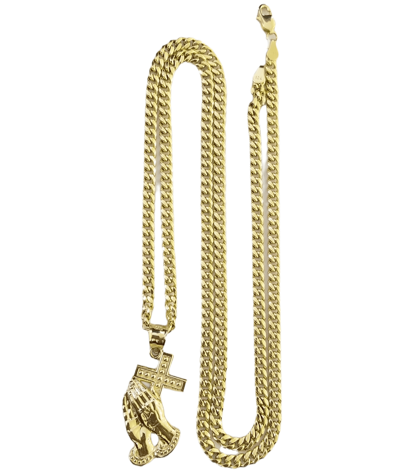 10K Yellow Gold Praying Hand Cross Pendant Charm 4mm Cuban Link Chain 26" Inch - Reva Jeweler