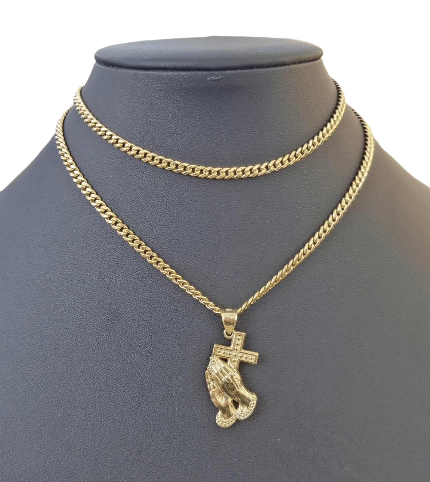 10K Yellow Gold Praying Hand Cross Pendant Charm 4mm Cuban Link Chain 26" Inch - Reva Jeweler