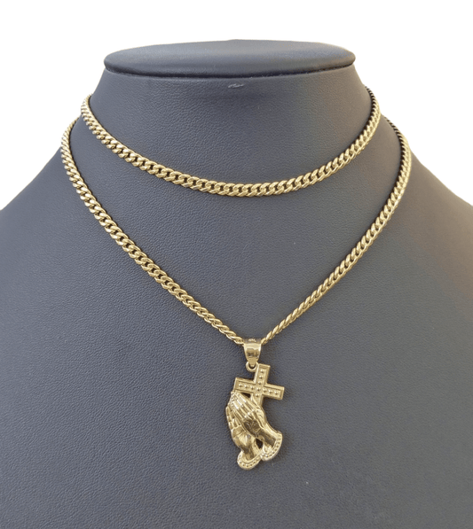 10K Yellow Gold Praying Hand Cross Pendant Charm 4mm Cuban Link Chain 26" Inch - Reva Jeweler