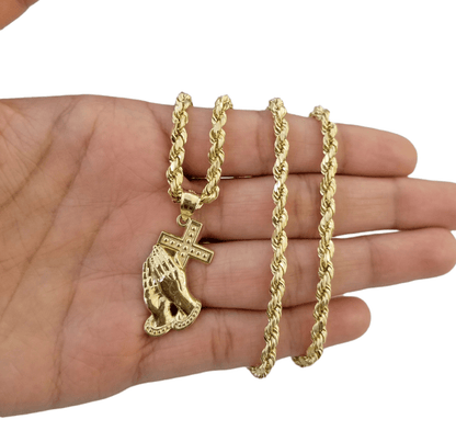 10k Yellow Gold Praying Hand Cross Pendent 4mm Rope Chain 18 20 22 24 26 28 30" - Reva Jeweler