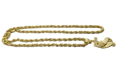 10k Yellow Gold Praying Hand Cross Pendent 4mm Rope Chain 18 20 22 24 26 28 30" - Reva Jeweler