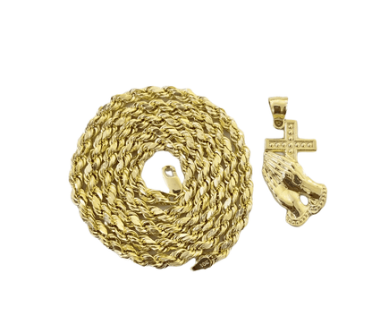 10k Yellow Gold Praying Hand Cross Pendent 4mm Rope Chain 18 20 22 24 26 28 30" - Reva Jeweler