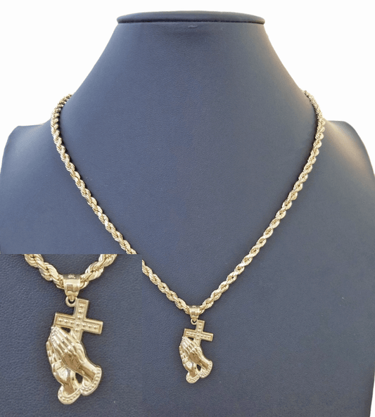 10k Yellow Gold Praying Hand Cross Pendent 4mm Rope Chain 18 20 22 24 26 28 30" - Reva Jeweler