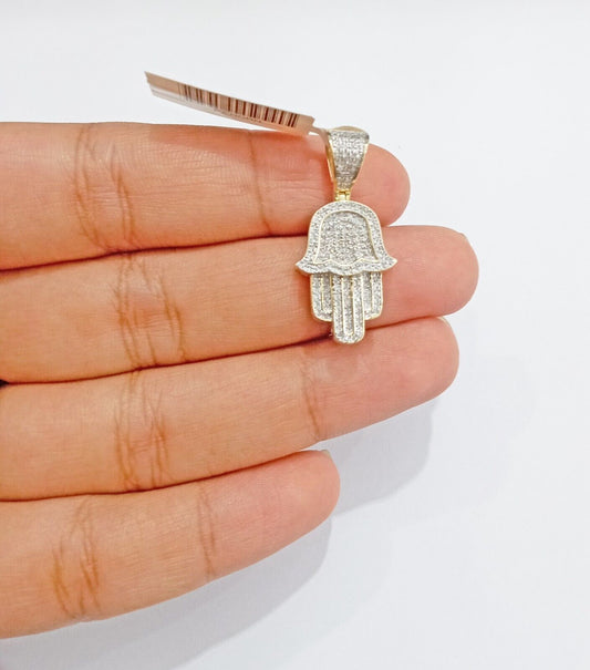 10k Yellow Gold Real Diamond Hamsa Hand Charm Pendant - GoldenlinQ