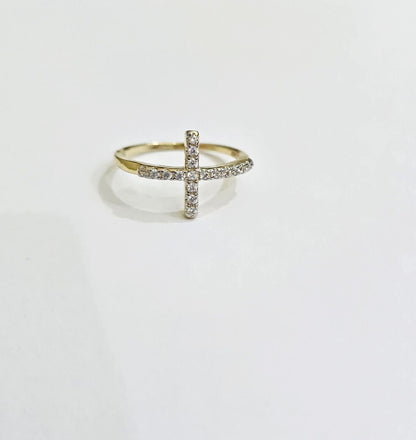 10k Yellow Gold Ring Ladies size 7 Real 10kt Cross Ring With Stones For Women - Reva Jeweler