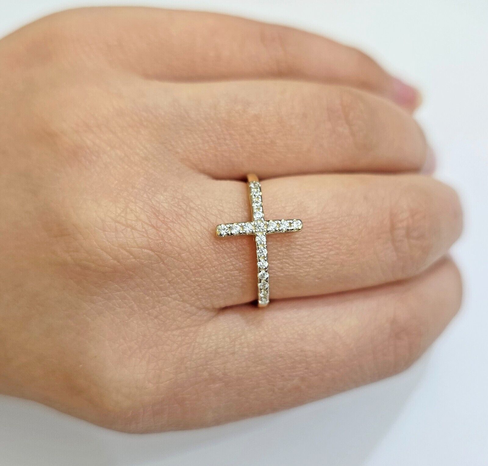 10k Yellow Gold Ring Ladies size 7 Real 10kt Cross Ring With Stones For Women - Reva Jeweler