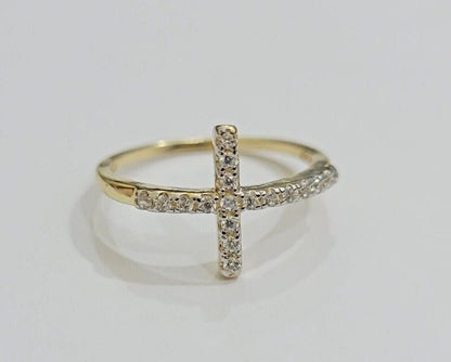 10k Yellow Gold Ring Ladies size 7 Real 10kt Cross Ring With Stones For Women - Reva Jeweler