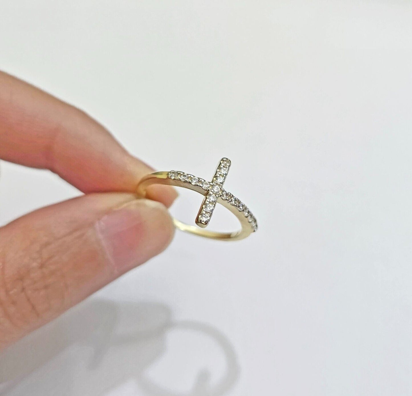 10k Yellow Gold Ring Ladies size 7 Real 10kt Cross Ring With Stones For Women - Reva Jeweler