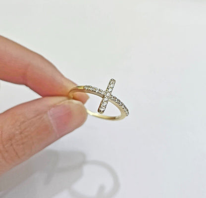 10k Yellow Gold Ring Ladies size 7 Real 10kt Cross Ring With Stones For Women - Reva Jeweler