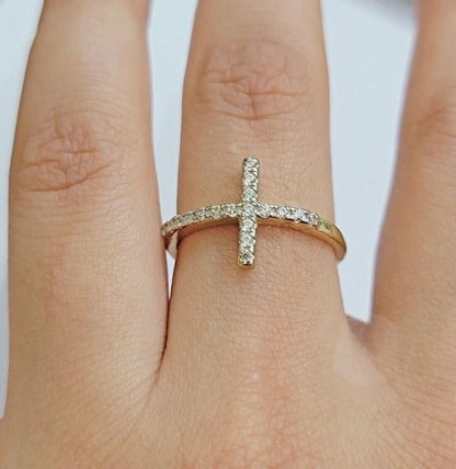 10k Yellow Gold Ring Ladies size 7 Real 10kt Cross Ring With Stones For Women - Reva Jeweler