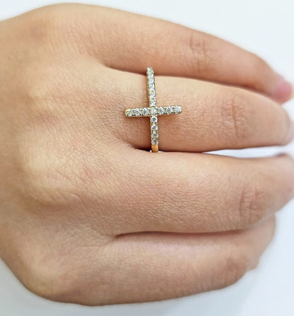 10k Yellow Gold Ring Ladies size 7 Real 10kt Cross Ring With Stones For Women - Reva Jeweler